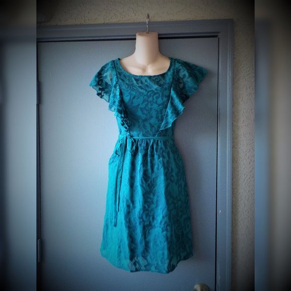 *Moulinette Soeurs Fluttered Scrollwork Teal Dress - Picture 3 of 7